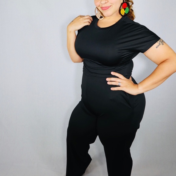 Short Sleeve Crop/ Wide Leg 2 Piece Set S-XL Black - Picture 3 of 6